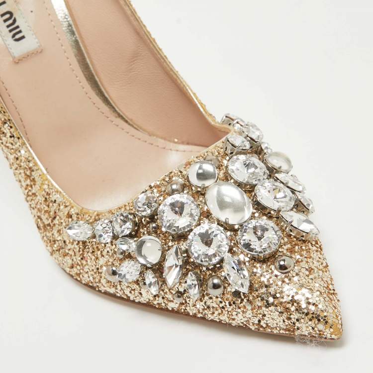Pre Owned Miu Miu Gold Glitter Crystal Embellished Pointed Toe Pumps  Size 38