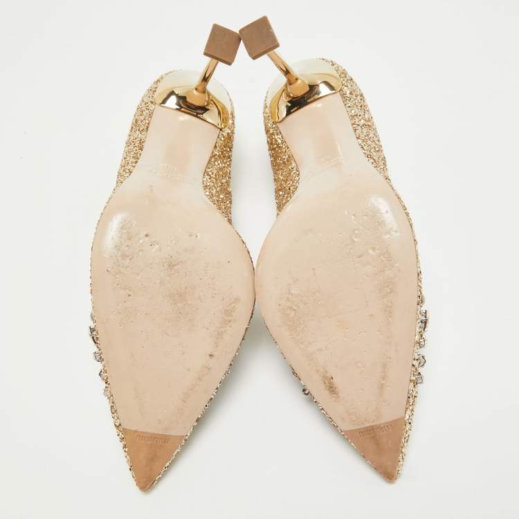 Pre Owned Miu Miu Gold Glitter Crystal Embellished Pointed Toe Pumps  Size 38
