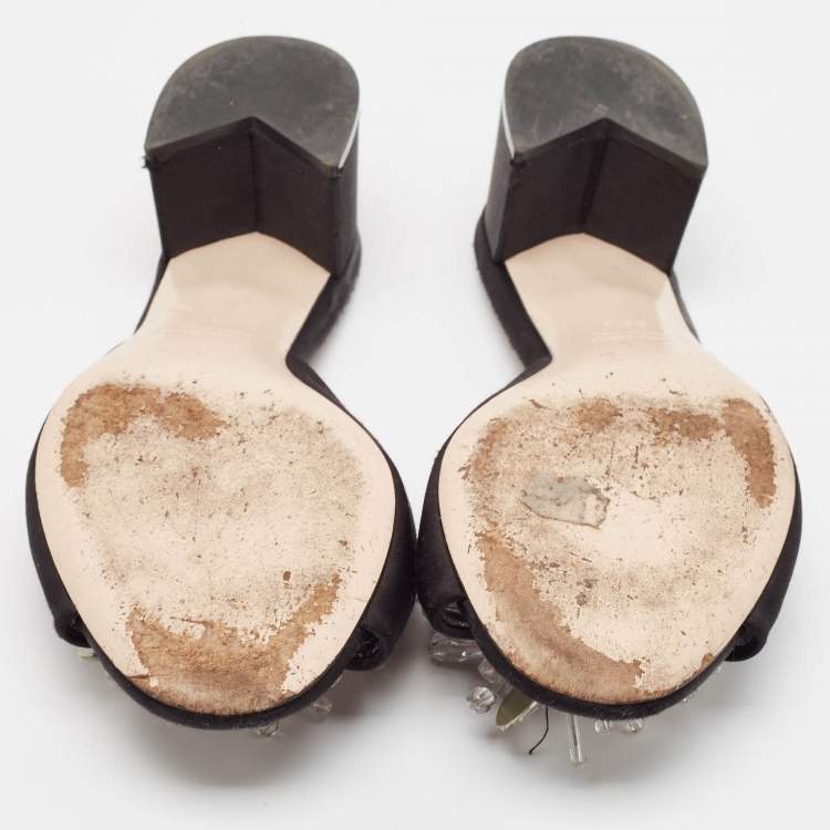 Pre Owned Miu Miu Black Satin Embellished Slide Sandals Size 38.5
