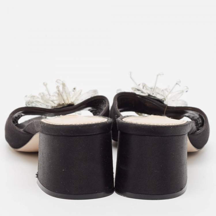 Pre Owned Miu Miu Black Satin Embellished Slide Sandals Size 38.5