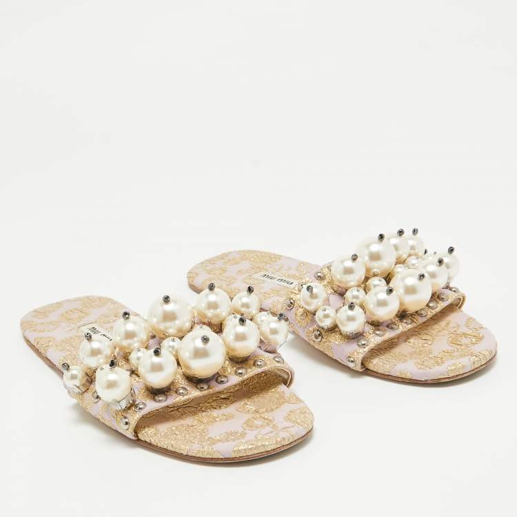 Pre Owned Miu Miu Purple/Gold Brocade Fabric Flat Slides Size 38