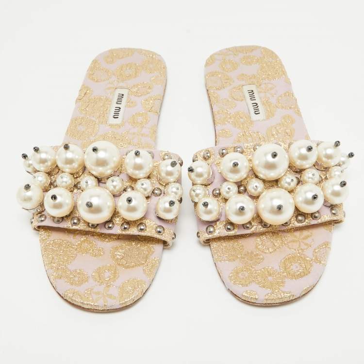 Pre Owned Miu Miu Purple/Gold Brocade Fabric Flat Slides Size 38