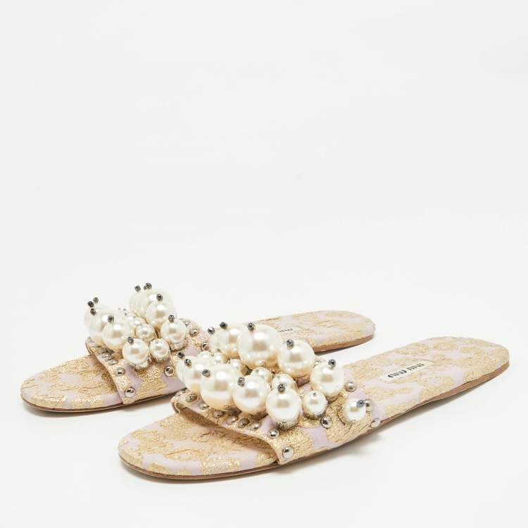 Pre Owned Miu Miu Purple/Gold Brocade Fabric Flat Slides Size 38