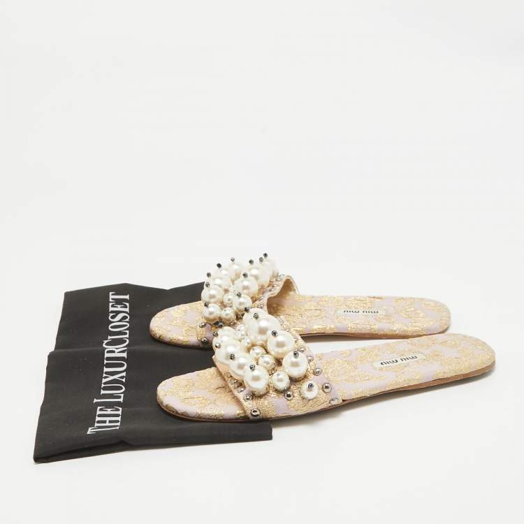 Pre Owned Miu Miu Purple/Gold Brocade Fabric Flat Slides Size 38