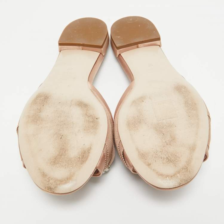 Pre Owned Miu Miu Pink Knotted Fabric and Satin Crystal Embellished Flat Slides Size 39