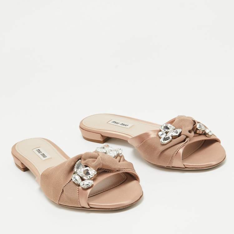 Pre Owned Miu Miu Pink Knotted Fabric and Satin Crystal Embellished Flat Slides Size 39