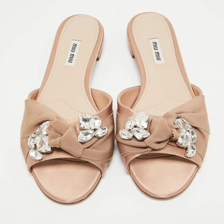 Pre Owned Miu Miu Pink Knotted Fabric and Satin Crystal Embellished Flat Slides Size 39