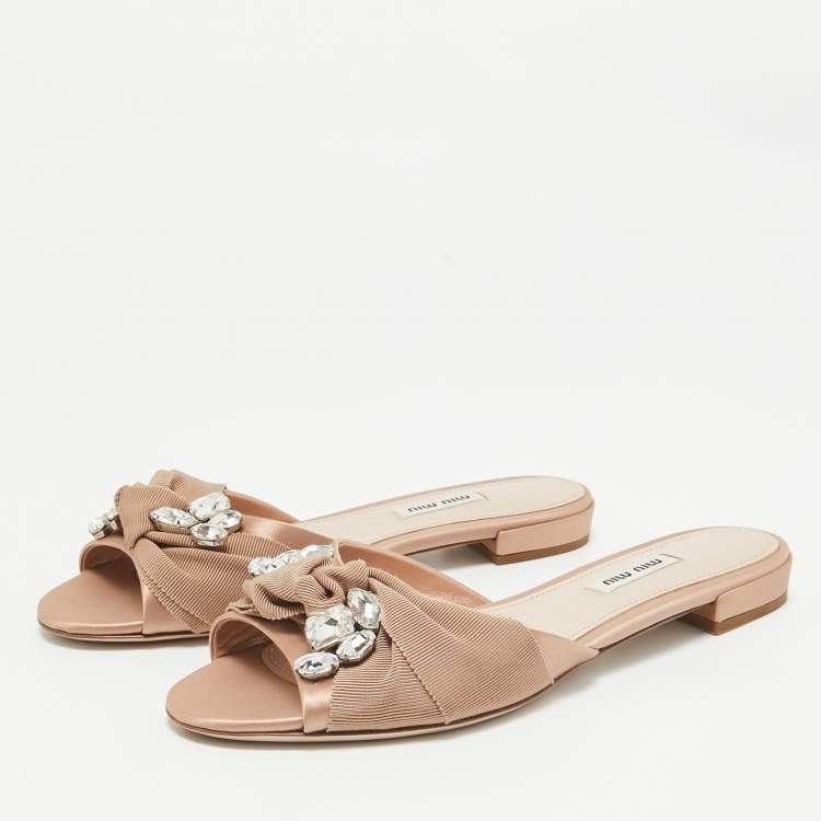 Pre Owned Miu Miu Pink Knotted Fabric and Satin Crystal Embellished Flat Slides Size 39