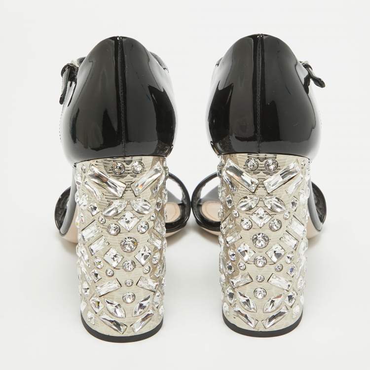 Pre Owned Miu Miu Black Patent Leather Crystal Embellished Ankle Strap Sandals Size 37