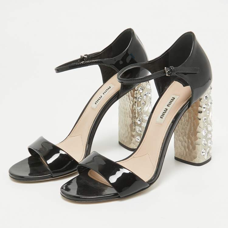 Pre Owned Miu Miu Black Patent Leather Crystal Embellished Ankle Strap Sandals Size 37