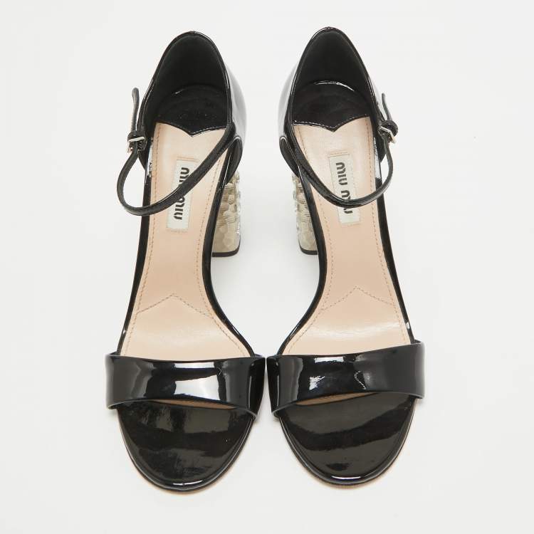 Pre Owned Miu Miu Black Patent Leather Crystal Embellished Ankle Strap Sandals Size 37