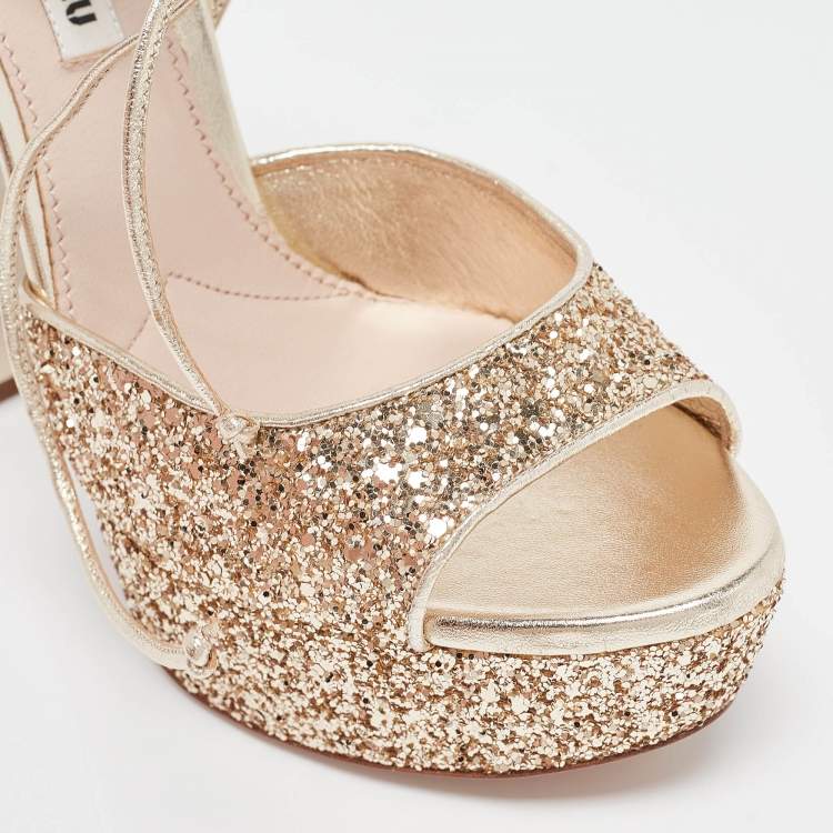 Pre Owned Miu Miu Gold Glitter Leather and Glitter Ankle Strap Sandals Size 37.5