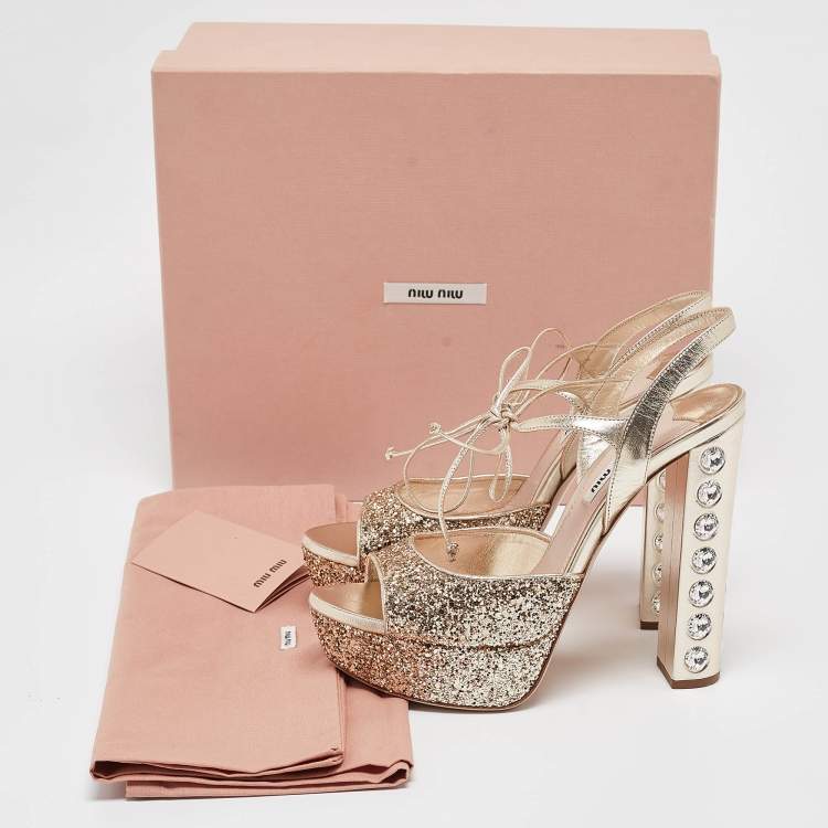 Pre Owned Miu Miu Gold Glitter Leather and Glitter Ankle Strap Sandals Size 37.5