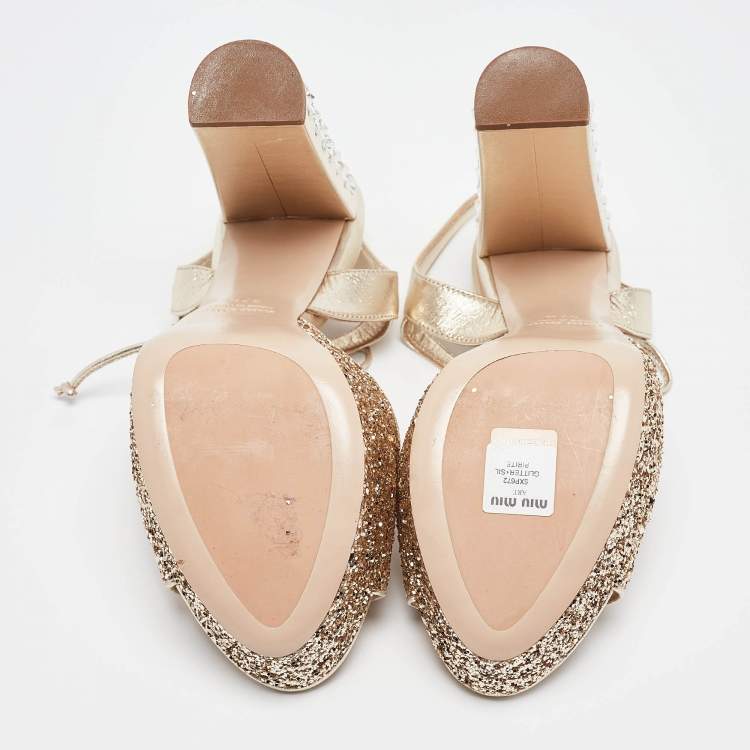 Pre Owned Miu Miu Gold Glitter Leather and Glitter Ankle Strap Sandals Size 37.5