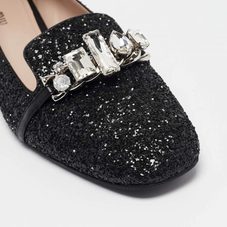 Pre Owned Miu Miu Black Glitter Crystal Embellished  Loafers Size 40