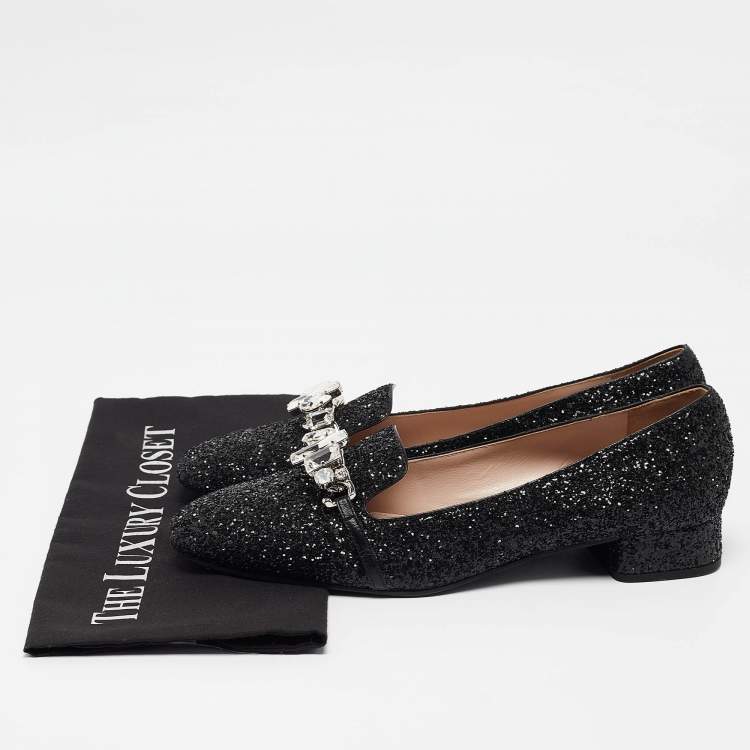 Pre Owned Miu Miu Black Glitter Crystal Embellished  Loafers Size 40