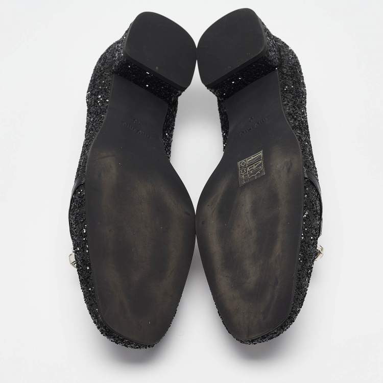 Pre Owned Miu Miu Black Glitter Crystal Embellished  Loafers Size 40