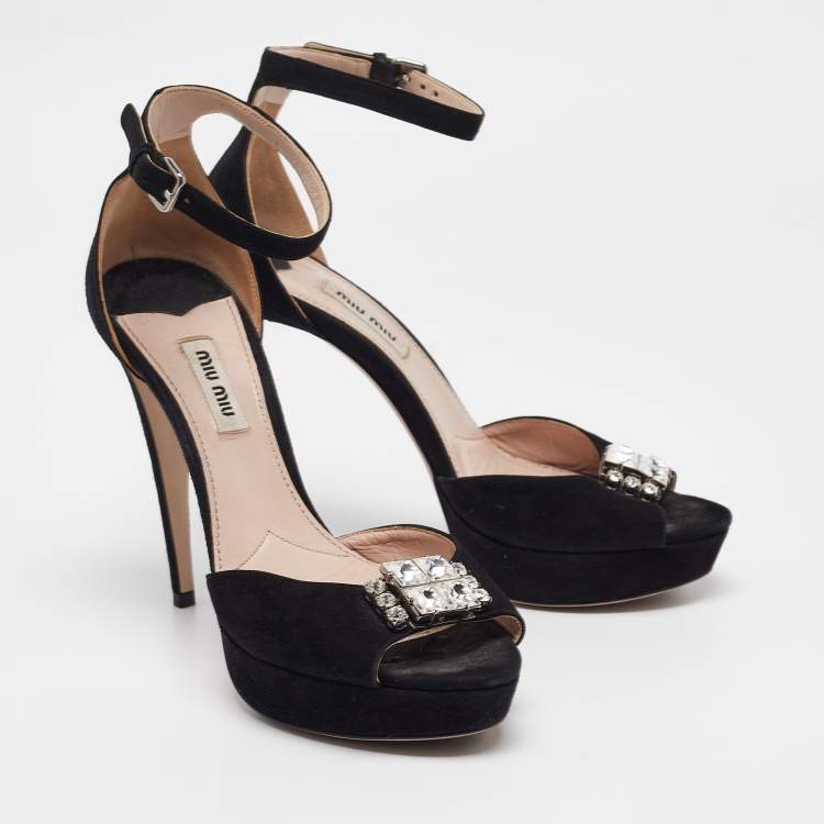 Pre Owned Miu Miu Black Suede Crystal Embellished Ankle Strap Sandals Size 38