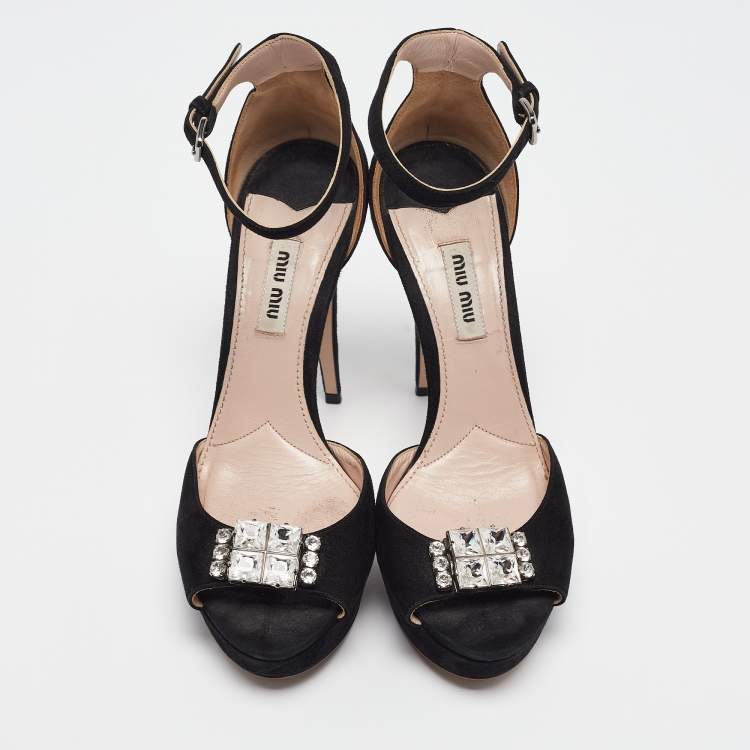 Pre Owned Miu Miu Black Suede Crystal Embellished Ankle Strap Sandals Size 38
