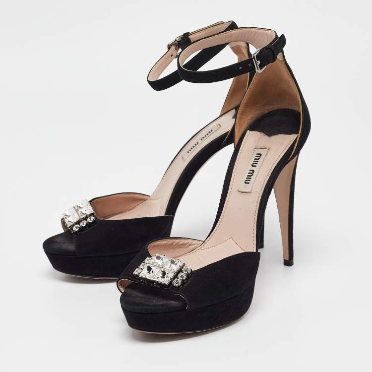 Pre Owned Miu Miu Black Suede Crystal Embellished Ankle Strap Sandals Size 38