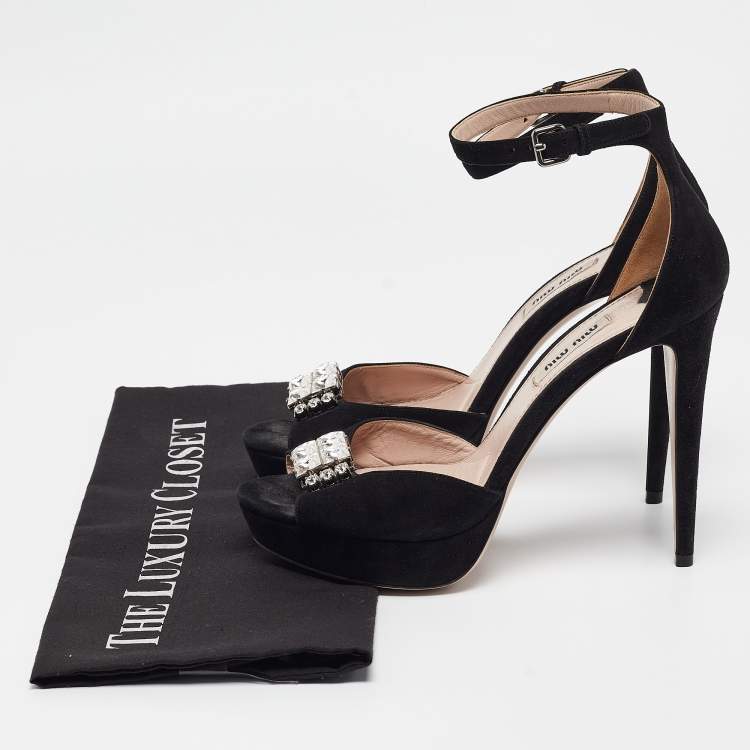 Pre Owned Miu Miu Black Suede Crystal Embellished Ankle Strap Sandals Size 38