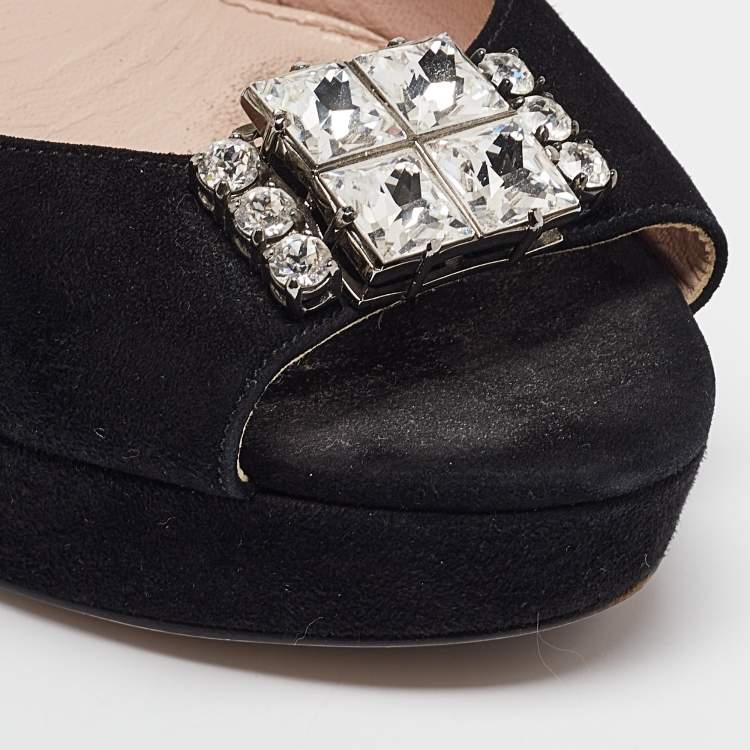 Pre Owned Miu Miu Black Suede Crystal Embellished Ankle Strap Sandals Size 38