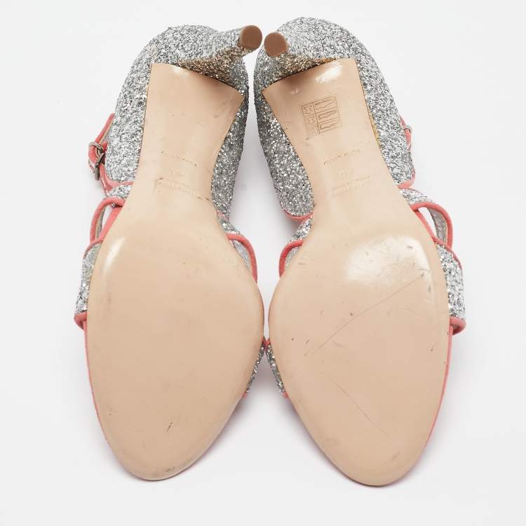 Pre Owned Miu Miu Silver Glitter Suede Ankle Strap Sandals Size 40