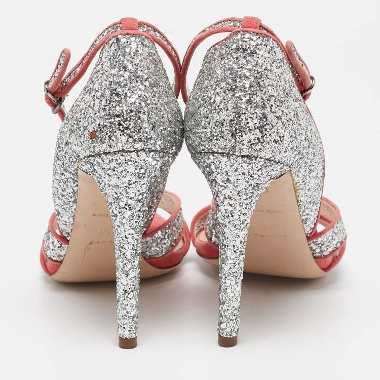 Pre Owned Miu Miu Silver Glitter Suede Ankle Strap Sandals Size 40