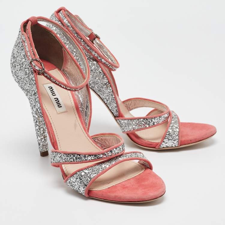 Pre Owned Miu Miu Silver Glitter Suede Ankle Strap Sandals Size 40