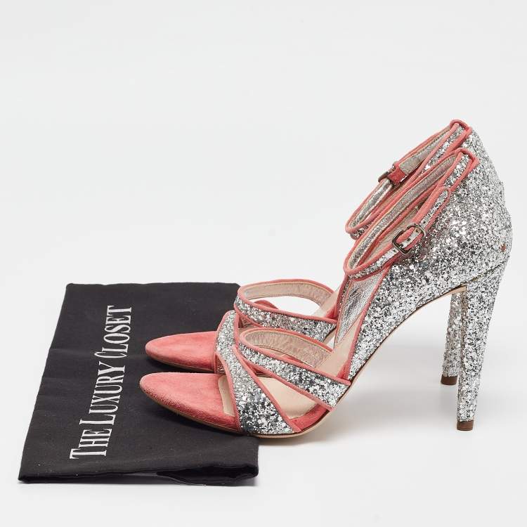 Pre Owned Miu Miu Silver Glitter Suede Ankle Strap Sandals Size 40