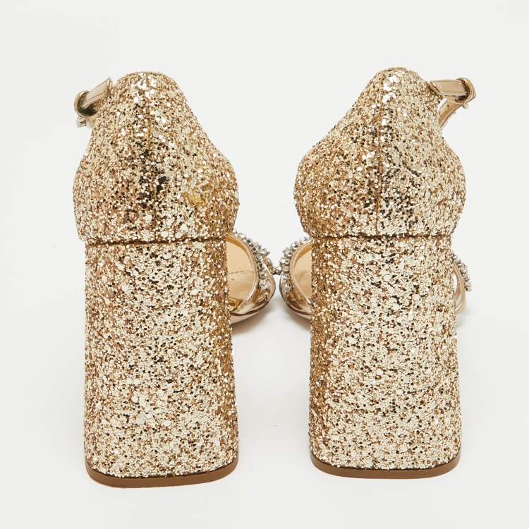 Pre Owned Miu Miu Metallic Glitter Crystal Embellished Ankle Strap Sandals Size 40