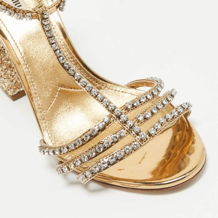 Pre Owned Miu Miu Metallic Glitter Crystal Embellished Ankle Strap Sandals Size 40
