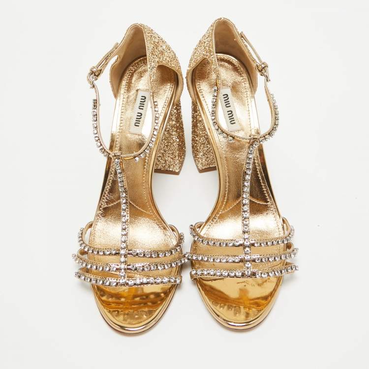 Pre Owned Miu Miu Metallic Glitter Crystal Embellished Ankle Strap Sandals Size 40