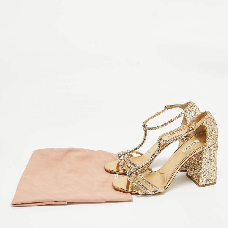 Pre Owned Miu Miu Metallic Glitter Crystal Embellished Ankle Strap Sandals Size 40