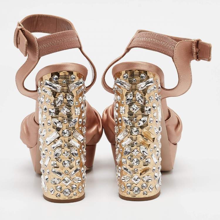 Pre Owned Miu Miu Beige Satin Crystal Embellished Ankle Strap Sandals 40