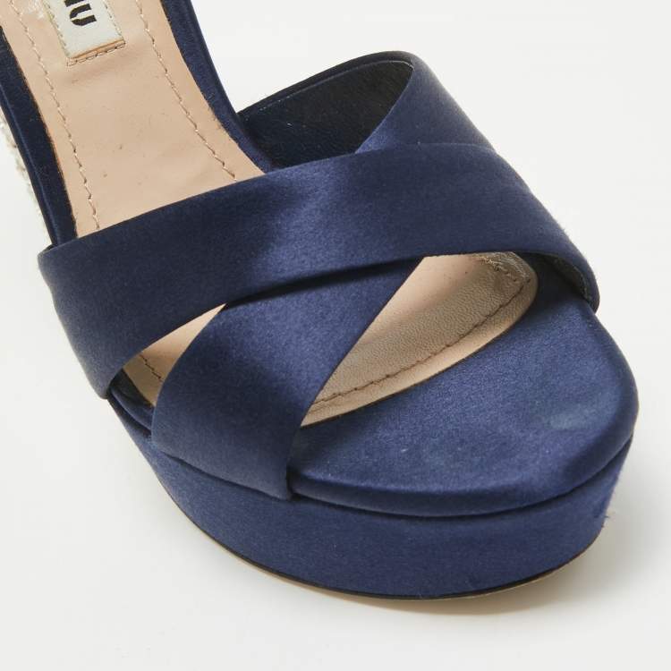 Pre Owned Miu Miu Navy Blue Satin Crystals Heel Platform Sandals Size 37