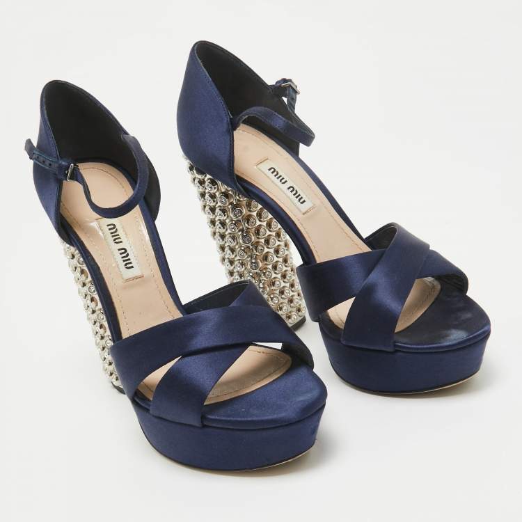 Pre Owned Miu Miu Navy Blue Satin Crystals Heel Platform Sandals Size 37