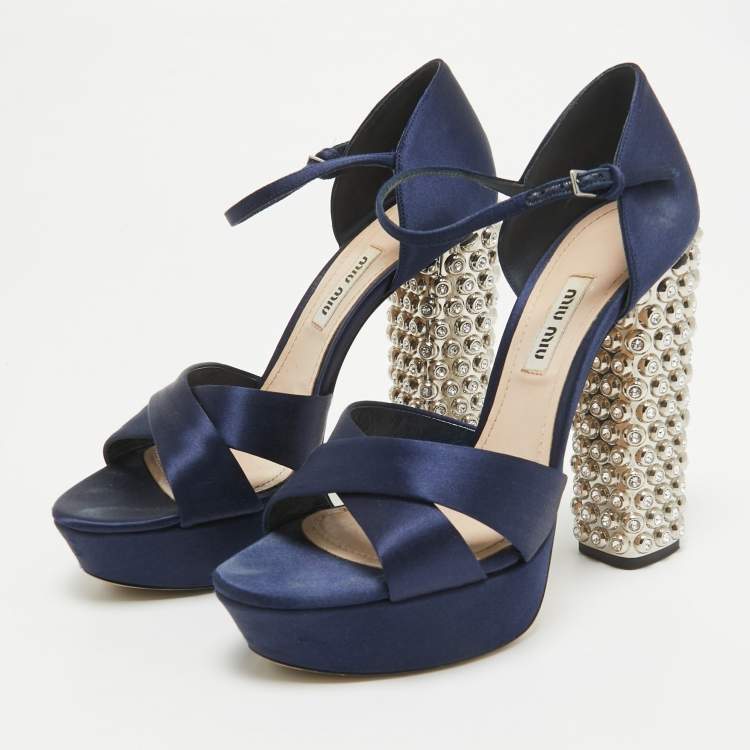 Pre Owned Miu Miu Navy Blue Satin Crystals Heel Platform Sandals Size 37