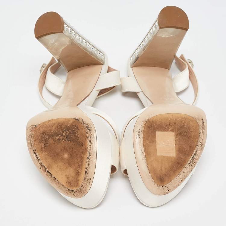 Pre Owned Miu Miu Cream Satin Crystal Embellished Ankle Strap Sandals Size 40