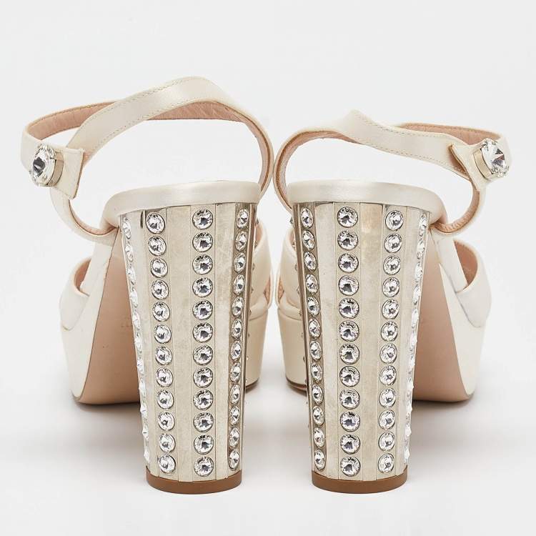 Pre Owned Miu Miu Cream Satin Crystal Embellished Ankle Strap Sandals Size 40