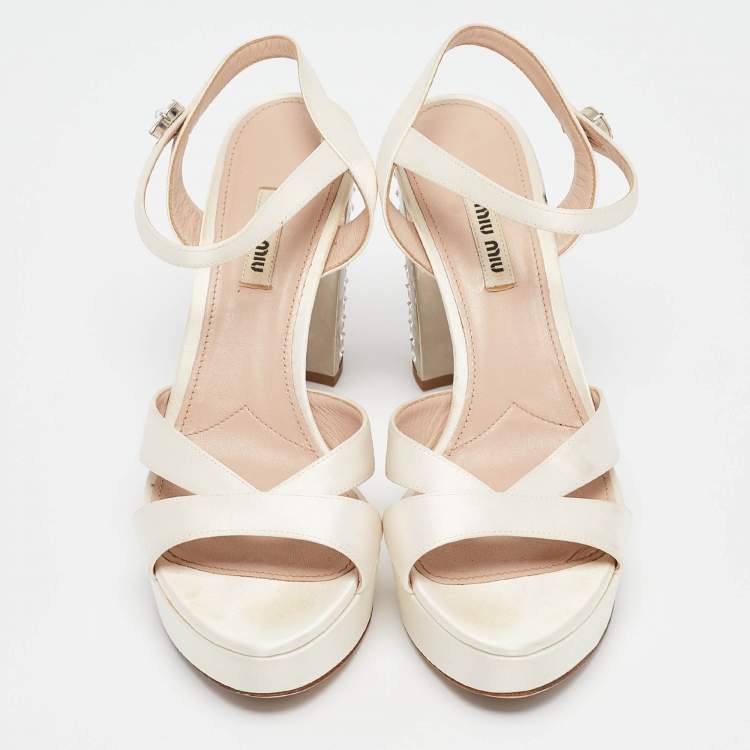 Pre Owned Miu Miu Cream Satin Crystal Embellished Ankle Strap Sandals Size 40