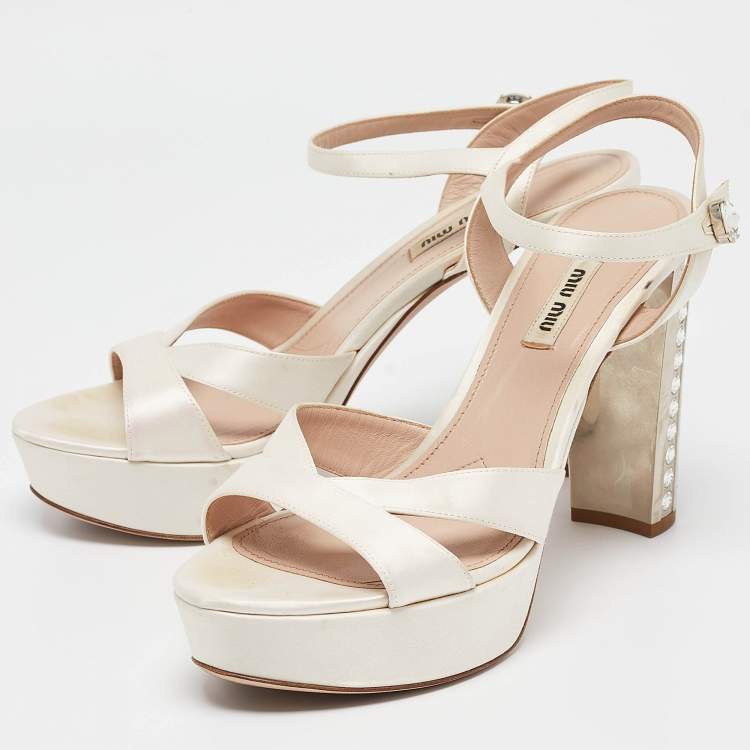 Pre Owned Miu Miu Cream Satin Crystal Embellished Ankle Strap Sandals Size 40