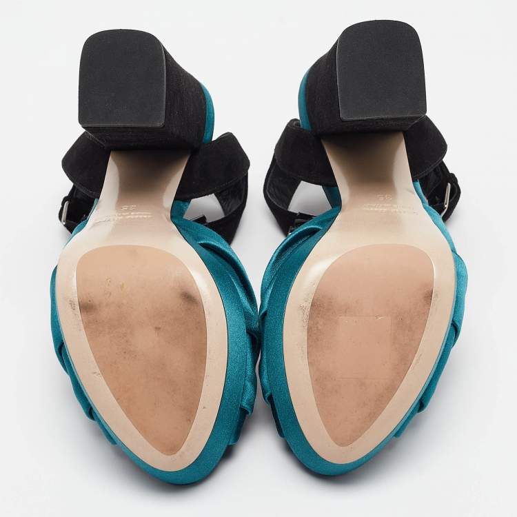 Pre Owned Miu Miu Black/Green Satin and Suede Ankle Strap Sandals Size 35