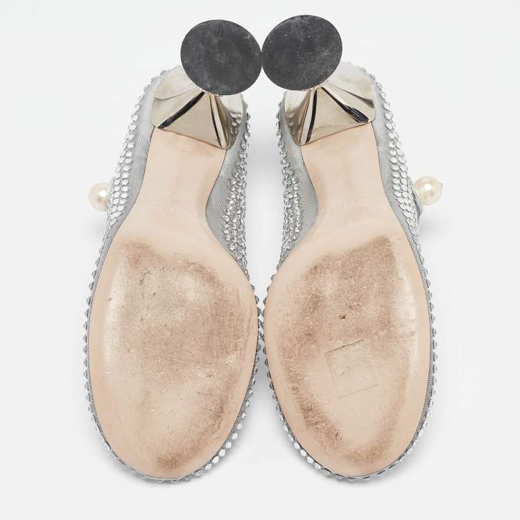 Pre Owned Miu Miu Silver Leather and Mesh Crystal Embellished Pumps Size 40