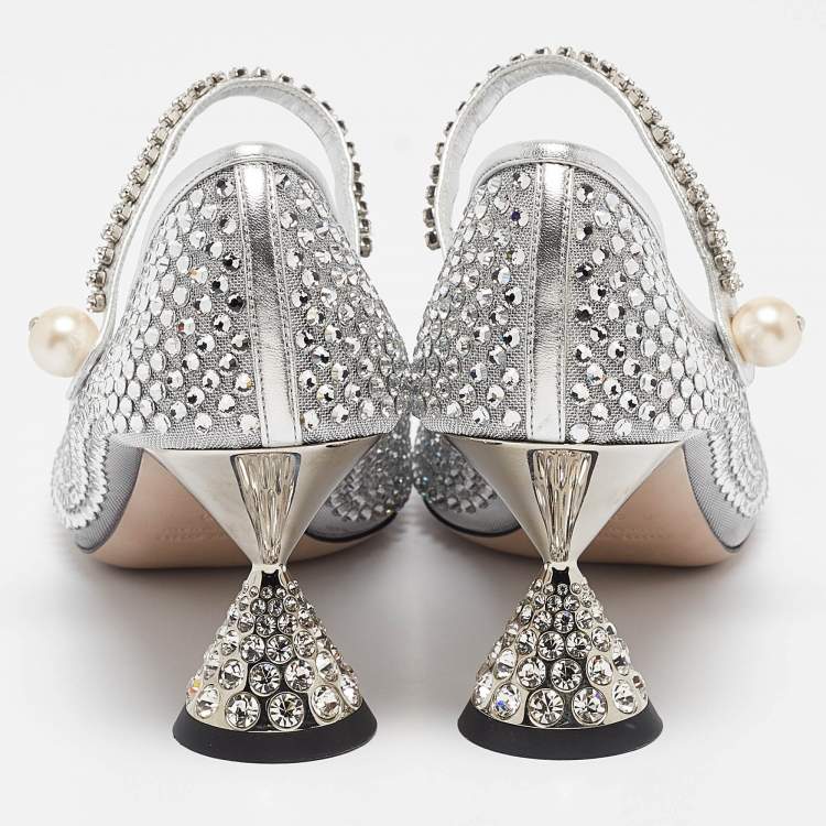 Pre Owned Miu Miu Silver Leather and Mesh Crystal Embellished Pumps Size 40