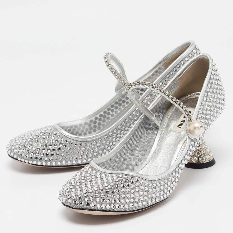 Pre Owned Miu Miu Silver Leather and Mesh Crystal Embellished Pumps Size 40