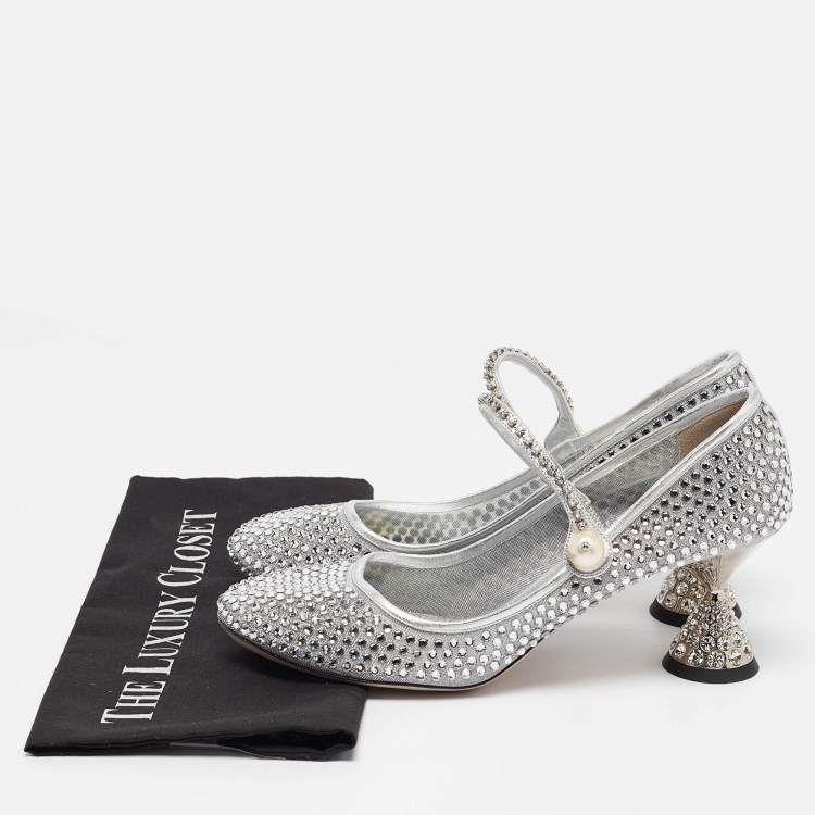 Pre Owned Miu Miu Silver Leather and Mesh Crystal Embellished Pumps Size 40