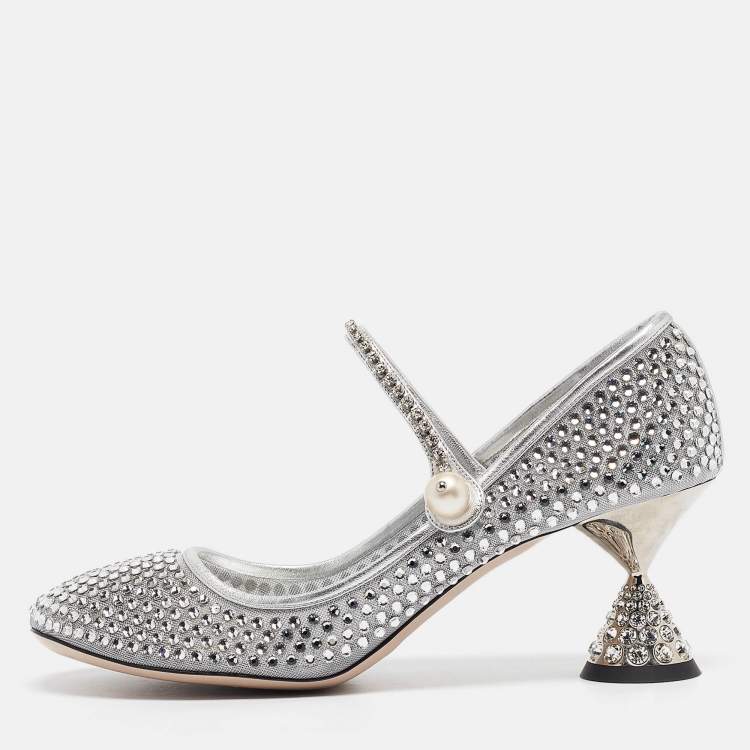 Pre Owned Miu Miu Silver Leather and Mesh Crystal Embellished Pumps Size 40