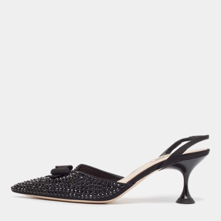 Pre Owned Miu Miu Black Crystal Embellished Fabric Bow Slingback Pumps Size 39.5
