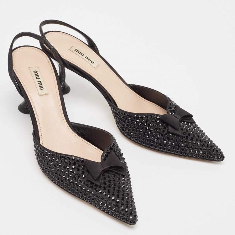 Pre Owned Miu Miu Black Crystal Embellished Fabric Bow Slingback Pumps Size 39.5